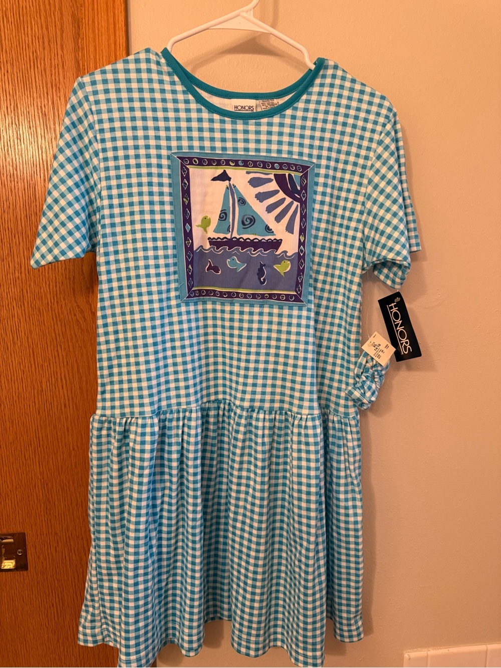 VINTAGE NWT Honors Girls' Aqua Gingham Sailboat Dress